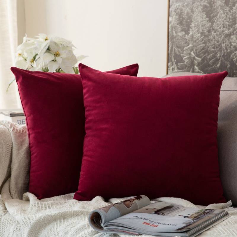 lot 54117 image: Pack of 2 Velvet Soft Solid Decorative Throw Pillow Covers Christmas Burgundy Pillowcases for Sofa Bedroom Couch Car,18x18 Inch Wine Red - Retail $15