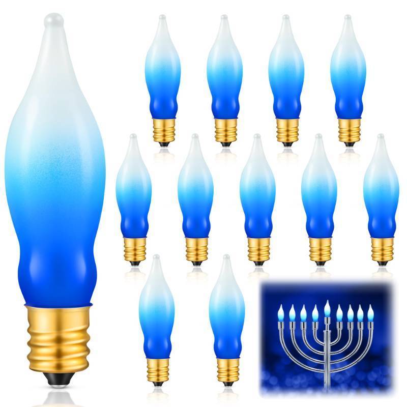 lot 71827 image: 11 Pack Hanukkah LED Menorah Flame Lights Bulb, Upgraded Blue & White Electric Hanukkah LED Menorah Flame Shaped Replacement Bulbs, C7E12 Candelabra Base, 0.6 Watt, 120 Volt - Retail $12