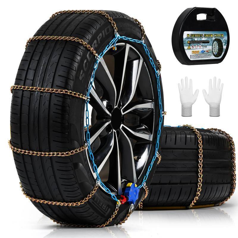 lot 72373 image: Auto Tightening Snow Chains for Cars, SUVs & Pickup Trucks 1-Min Quick-Fit Auto Installation, Reusable Universal Emergency Traction Tire Chains, Set of 2 - Retail $95
