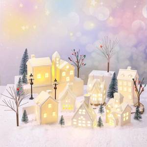 Ceramic Christmas Village Houses with Christmas Tree Berry Tree Bird Xmas Street Lamp DIY Xmas Village Houses Figurine for Tabletop Mantle Decor - Retail: $50