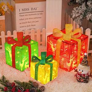 lot 59865 image: Set of 3 Christmas Lighted Gift Boxes - 50 LED Light up Christmas Decoration Indoor Outdoor - Christmas Tree New Year Holiday Party Yard Decoration - Retail $30