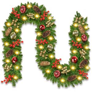 lot 59882 image: Christmas Garland with Lights, 9FT Prelit Christmas Garland Battery Operated Christmas Wreath with Pine Cones, Red Berries, Artificial Xmas Garland for Mantle, Fireplace, Stairs, Outdoor Decorations - Retail $37