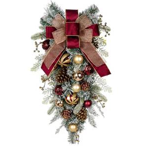 lot 59887 image: 30 Christmas Teardrop Swag for Front Door Artificial Winter Swag Garland with Pine Cones, Berry Clusters, Burgundy Ball Ornaments and Ribbons for Thanksgiving Holiday Christmas Decoration - Retail $50