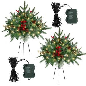 lot 59888 image: 2 Pack 24in Pre-Lit Christmas Urn Filler, Artificial Outdoor Pine Trees - Retail $56