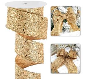 lot 59921 image: Gold Christmas Wired Ribbon 2.5 Inch, Glitter Mesh, 2 Pack - Retail $30