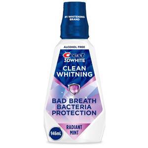 lot 59939 image: Crest Mouthwash 3D White Clean Whitening, Breath Protection, Prevents Surface Stains, Kills Millions of Bad Breath Germs, Alcohol-Free, Radiant Mint Flavor, 946 mL - Retail $8