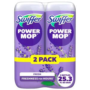 lot 59957 image: Swiffer Power Mop Refill Solution, Floor Cleaner for Mopping Tile, Vinyl, Laminate, Wood in Home, Bathroom, Kitchen, All Purpose Multi-Surface Solution for Floor Cleaning, Lavender Scent, 50.6oz - Retail $10