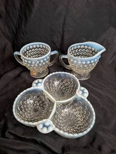 lot 1501 image: Hobnail Sugar Bowl, Creamer and 3-Part Divided Dish Set