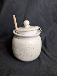 lot 1502 image: Speckled Ceramic Lidded Jar with Wooden Dipper, MicrowaveDishwasher Safe Marking