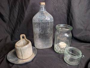 lot 1505 image: Lot of Glass Bottle, Two Glass Jars and Ceramic Wall Pocket with Metal Dish