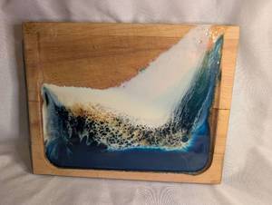 lot 1702 image: Wood cutting Board with Blue and White Ocean Wave Resin-Style Art Inlay