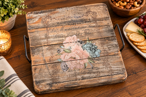 Handmade Wooden Tray with Pink Rose Floral Decal and Metal Handles