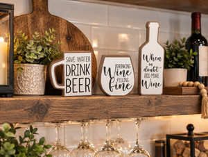 lot 1803 image: 3 Tabletop Block Signs Beer Mug Wine Glass Wine Bottle Set