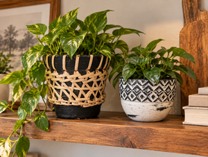 lot 1804 image: New - Planter Pot Set of 2 Black Woven Wrap and Embossed Geometric Design