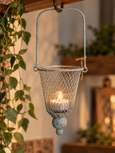 lot 1805 image: New - Mesh Basket Hanging Candle Holder with Glass Insert