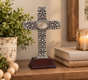 lot 1806 image: New - Standing Decorative Cross Silver-Tone with Oval Center Stone and Rhinestones