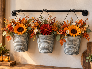 Wall Mount Rail with 3 Hanging Half-Round Ribbed Metal Buckets + Bar