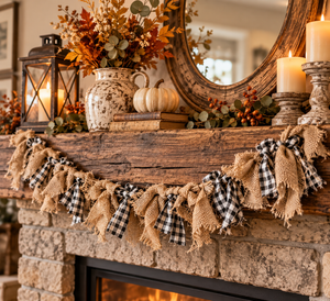 lot 1901 image: Garland with Tan Burlap-Look and Black and White Checked Fabric Strips - 5 ft