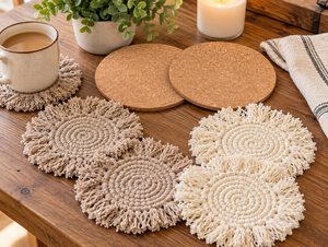 lot 1905 image: Lot of 2 Round Cork Trivets and 4 Round Fringed Crochet Mats