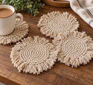 lot 1906 image: Set of 4 Round Crochet Fringed Coasters, Beige Yarn