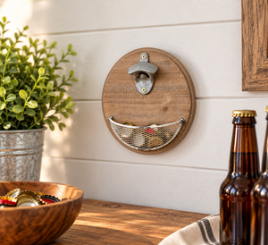 lot 1801 image: New - Round Wall Mounted Bottle Opener with Mesh Cap Catcher