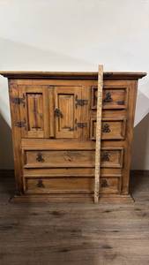 lot 1 image: Wood Cabinet with 2 Doors 4 Drawers Metal Hardware 36 inches