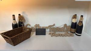 lot 30 image: Woven Basket with Decorative Signs and Bottle Set
