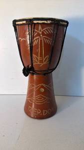 lot 41 image: Small Goblet-Shaped Hand Drum with Rope Tuning and Carved Palm Tree Design