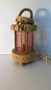 lot 42 image: Table Lamp with Rope Handle and Red Mesh Shade