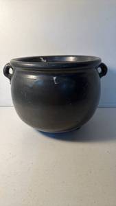 lot 46 image: Black Glazed Round Pot with Two Loop Handles and Three Feet, Drainage Hole