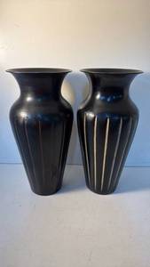 lot 53 image: Pair of Black Decorative Vases with Vertical Stripes