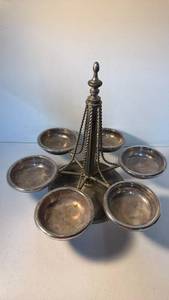 lot 55 image: Metal Serving Stand with 6 Round Bowls, Center Post with Finial and Twisted Rod Accents