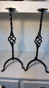 lot 56 image: Black Metal Pillar Candle Holders Pair Twisted Stem Tall