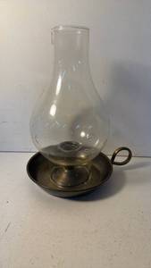 lot 57 image: Glass Chimney with Etched Floral Design on Metal Dish with Loop Handle
