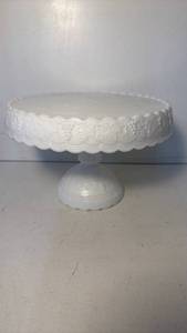 lot 65 image: White Pedestal Cake Stand with Raised Grape and Leaf Pattern