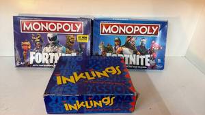 lot 122 image: Monopoly Fortnite Board Game x2 and Inklings Game of Little Hints Board Game