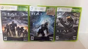 lot 129 image: Microsoft Xbox 360 Halo Reach, Halo 4, Halo Anniversary Game Lot of 3