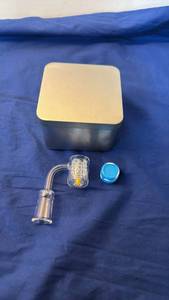 lot 148 image: Glass Angled Joint Banger with Textured Insert, Blue and White Container, Metal Tin