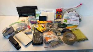 lot 173 image: Mixed Office Supply Lot Security Envelopes, Crayons, Dymo Tape, Paper Clips