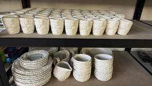 lot 186 image: Grappa Italy Embossed Grape Dinnerware Lot Cups Bowls Plates Pitcher