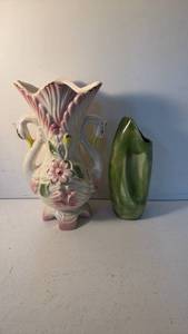 lot 217 image: Swan Handle Pink and White Floral Vase with Gold-Tone Trim