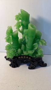 lot 218 image: Green Bamboo Stalk Sculpture on Black Base with Chinese Characters Plaque