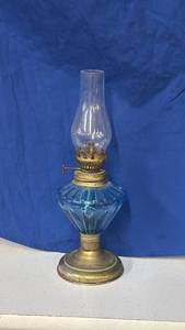lot 226 image: Miniature Oil Lamp with Blue Ribbed Body and Clear Chimney