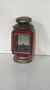 lot 227 image: Red Square Lantern with Glass Panels and Metal Base, Wick Burner Inside