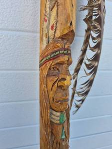 lot 55 image: Carved Wooden Staff with Native American Head and Feathers - 6 Feet Tall