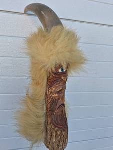 Carved Wood Handled Knife Sword Type Weapon with Fur Wrapped Blade and Walking Staff - Home Made?  May Need A Bit of Wood Working Done