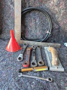 lot 73 image: Assorted Hand Tools Lot Wrenches Funnel Hose Hammer