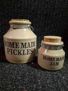 lot 85 image: Two Ceramic Storage Jars Home Made Pickles Jam Cork Lids
