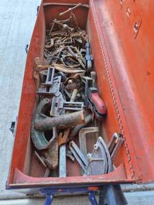 lot 86 image: Metal Tool Box Lot with Hand Tools, Clamps, Vises and Hardware
