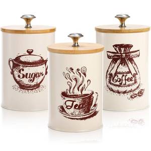 lot 1608 image: Youeon Small Canister Set 3 Pack 25 Oz Metal Kitchen Canisters Bamboo Lid Beige